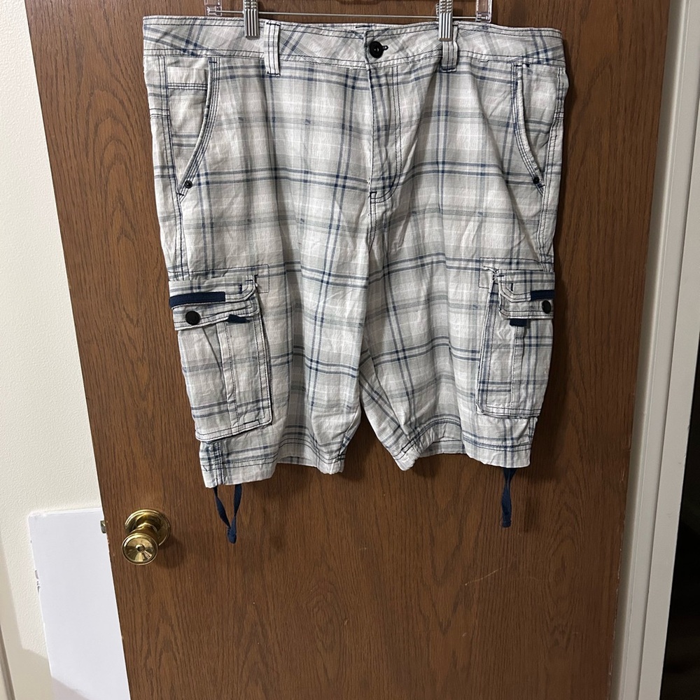 Nick Danger Men's White Plaid Cargo Shorts with Blue Accents